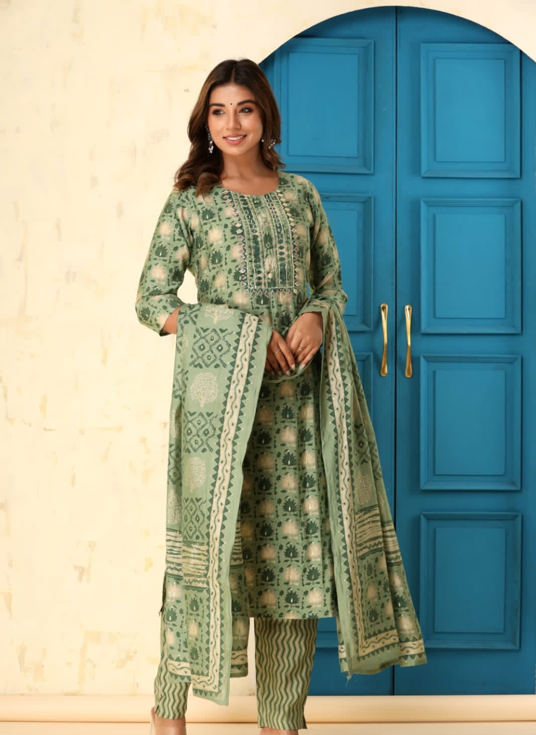 GARLUXE Green Maslin Leather Work Top With Trouser & Dupatta