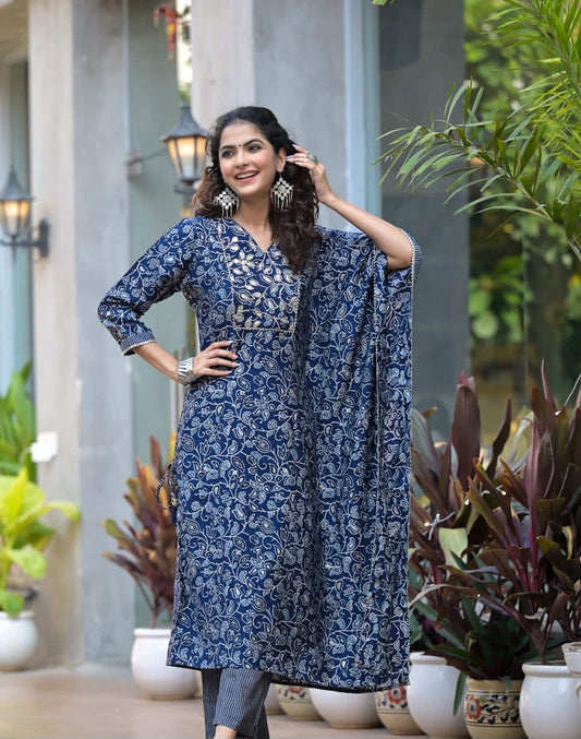 GARLUXE Blue Maslin Kaaftaan Kurta With Trouser