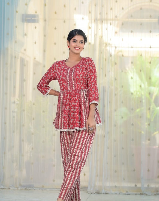 GARLUXE Maroon Peplum Top & Trouser