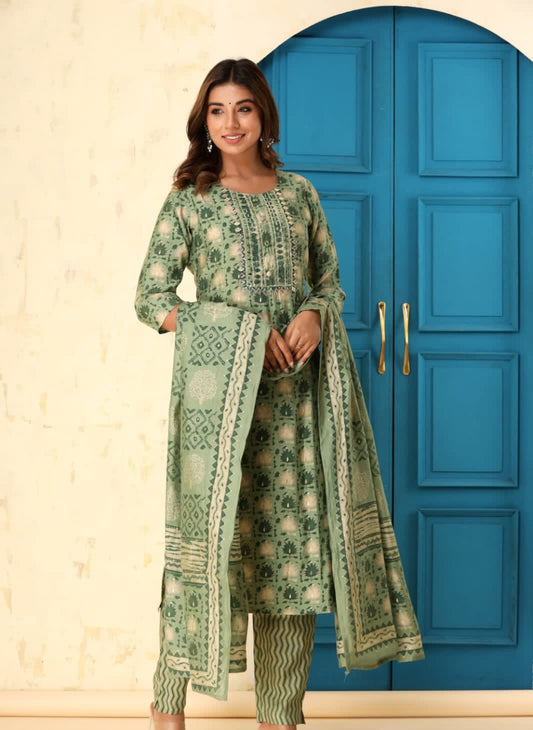 GARLUXE Green Maslin Leather Work Top With Trouser & Dupatta