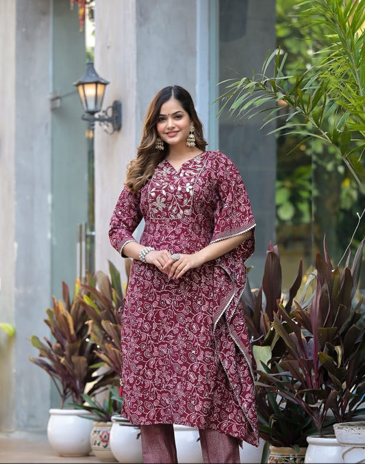 GARLUXE Maroon Muslin Designer Kaaftaan Top & Trouser