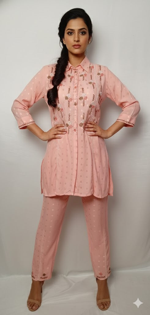 Peachy Floral Embroidered Co-ord Set